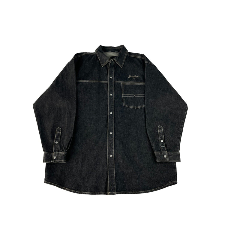 Men Vintage Sean John Black Contrast Stitch Baggy Denim Button Up Shirt SIZE 2XL