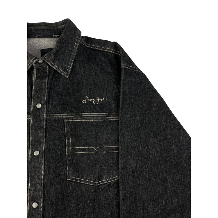 Men Vintage Sean John Black Contrast Stitch Baggy Denim Button Up Shirt SIZE 2XL