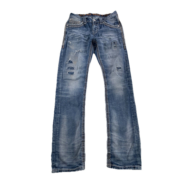 Mens Rock Revival Hadriel Straight Patched Rips, Lightwash Jeans Size 30
