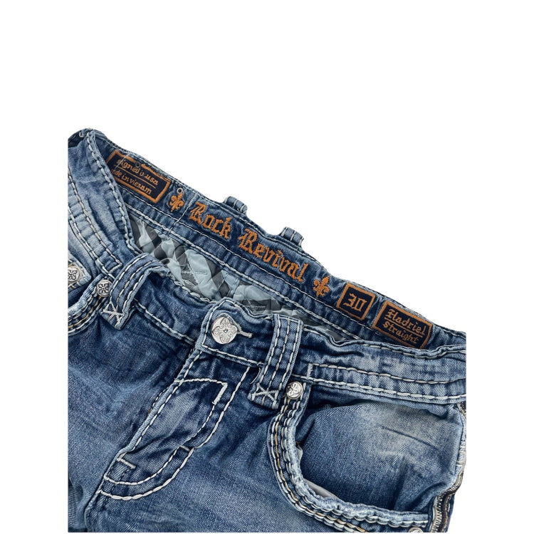 Mens Rock Revival Hadriel Straight Patched Rips, Lightwash Jeans Size 30