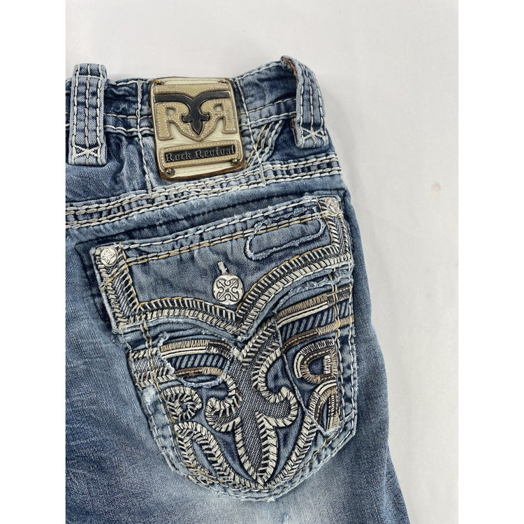 Mens Rock Revival Hadriel Straight Patched Rips, Lightwash Jeans Size 30