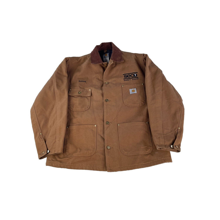 Mens Carhartt Brown SECO Safety Award Duck Canvas Chore Coat Jacket Size 44
