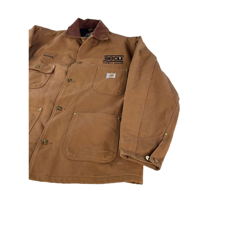 Mens Carhartt Brown SECO Safety Award Duck Canvas Chore Coat Jacket Size 44