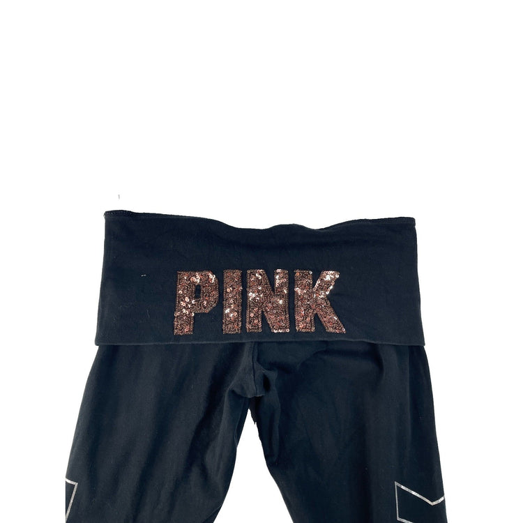 Women's Victoria's Secret Pink Black Logo Foldover Yoga Leggings Size Medium