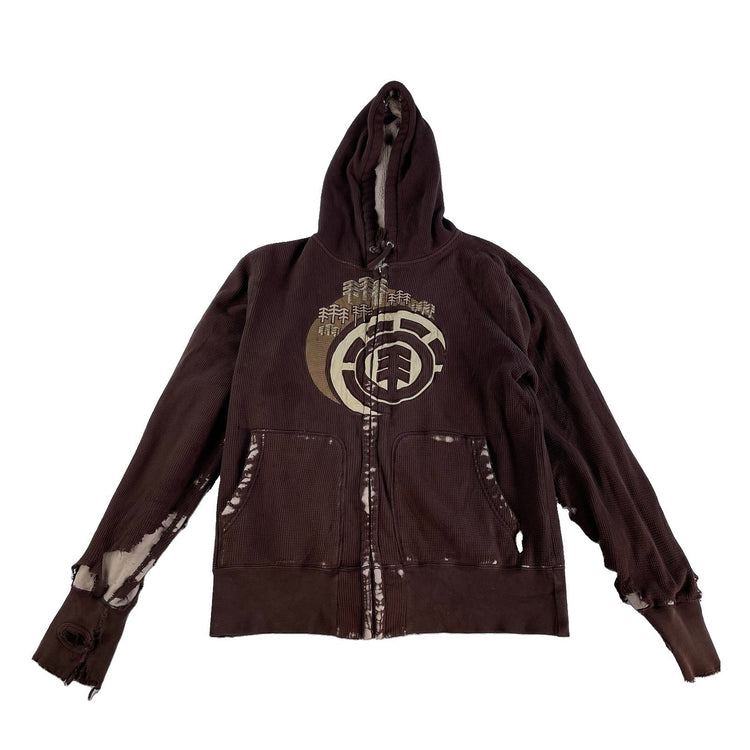 Mens Distressed Vintage Element Brown Waffle Knit Thermal FullZip Hoodie Size L