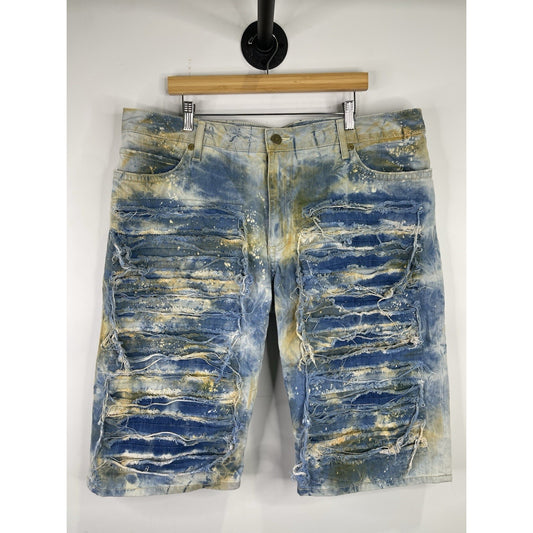 Mens Robin’s Distressed Blue Jean Denim Rhinestones Shorts Size 42