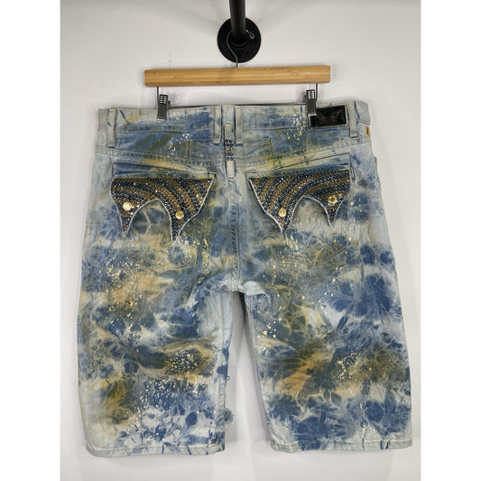 Mens Robin’s Distressed Blue Jean Denim Rhinestones Shorts Size 42