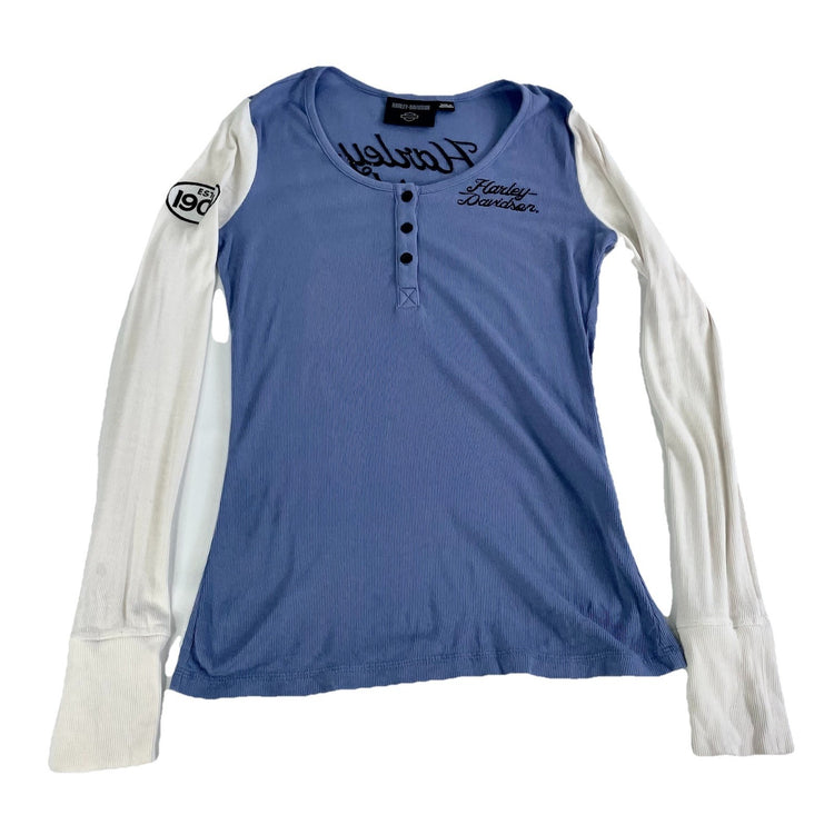 Womens Harley Davidson Motorcycle Blue & White Longsleeve Shirt Size S