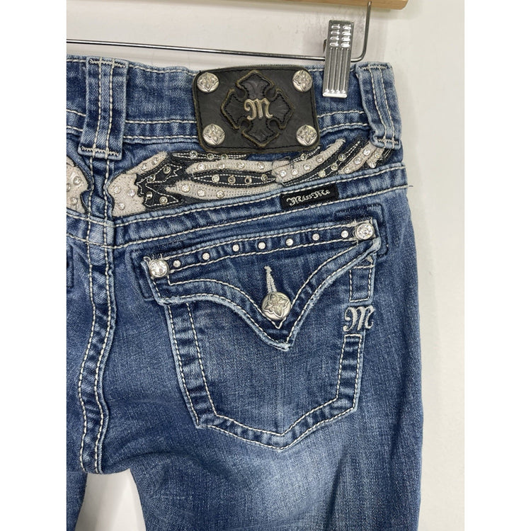 Women’s Y2K Blue Miss Me Jeans Signature Bootcut Rhinestone Pockets 27x33.5