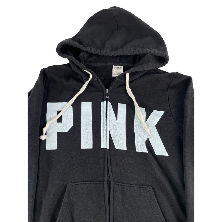 Womens Victoria's Secret PINK Black Full Zip Graphic Hoodie Sweatshirt Size M