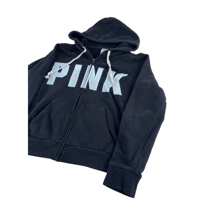 Womens Victoria's Secret PINK Black Full Zip Graphic Hoodie Sweatshirt Size M
