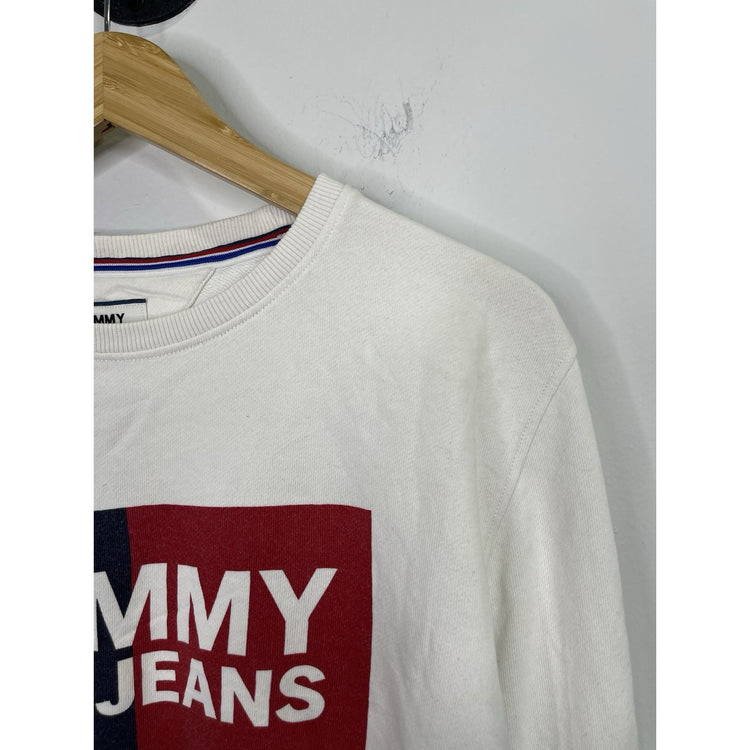 Men’s Tommy Jeans White Graphic Logo Pullover Sweatshirt Sz Large