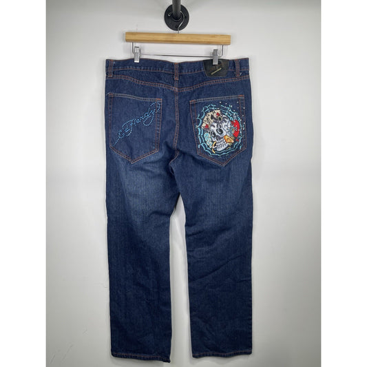 Rare Ed Hardy Skull Rhinestones Baggy Y2K Jeans 41x33 Skulls Heart Embroidered