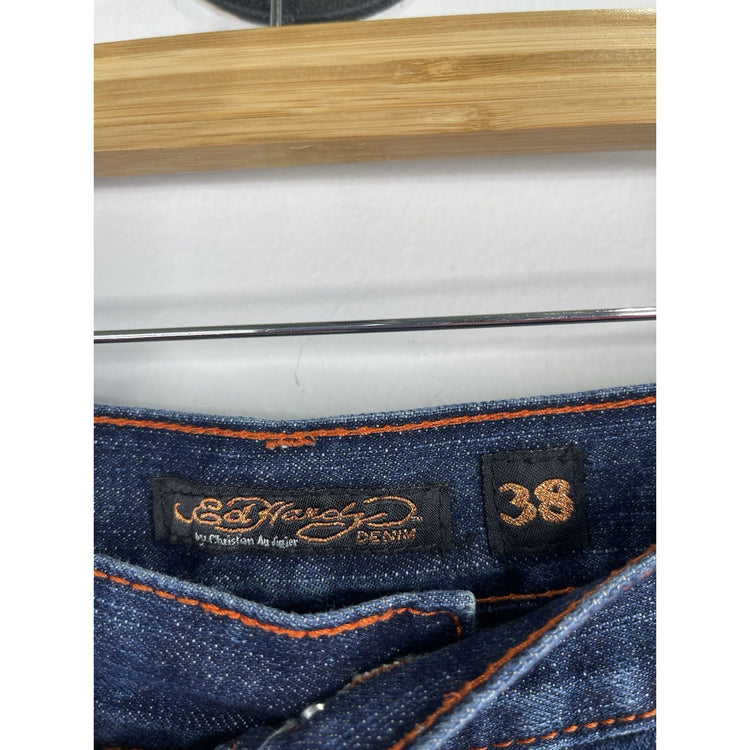 Rare Ed Hardy Skull Rhinestones Baggy Y2K Jeans 41x33 Skulls Heart Embroidered