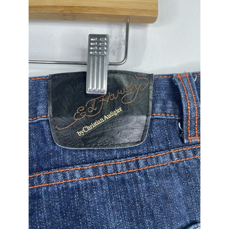 Rare Ed Hardy Skull Rhinestones Baggy Y2K Jeans 41x33 Skulls Heart Embroidered