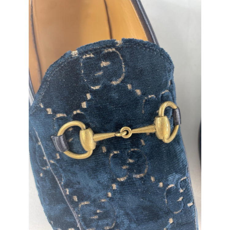 GUCCI Teal Blue GG Velvet Horsebit Loafers Dress Shoes Size 11 1/2 Uk 12 Us