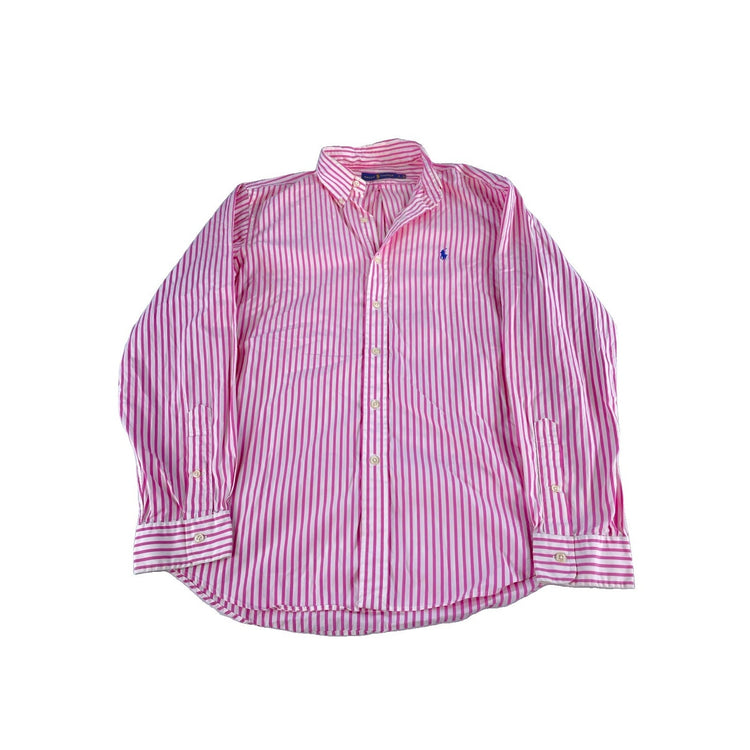 Mens Ralph Lauren White W/Pink Stripes ButtonUp Dress Shirt Size Large