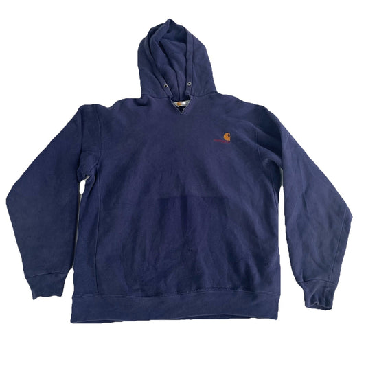 Mens Vintage Carhartt Snap-Neck Pullover Hoodie Navy Blue Size M