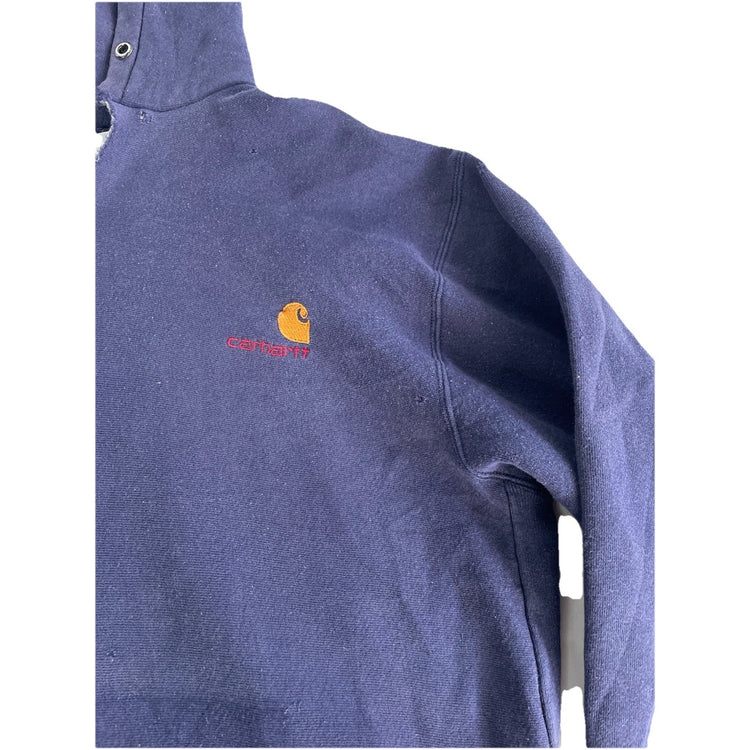 Mens Vintage Carhartt Snap-Neck Pullover Hoodie Navy Blue Size M