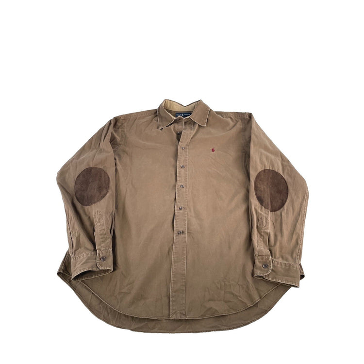 Men’s Polo Ralph Lauren Brown Elbow Patch Classic Fit Button Down Shirt Size XL