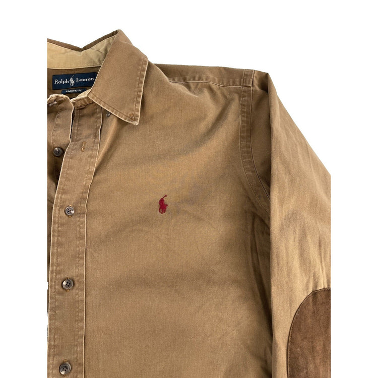 Men’s Polo Ralph Lauren Brown Elbow Patch Classic Fit Button Down Shirt Size XL