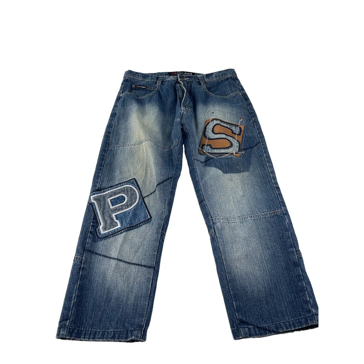 Mens Southpole Patched Blue Denim Jeans Size 34