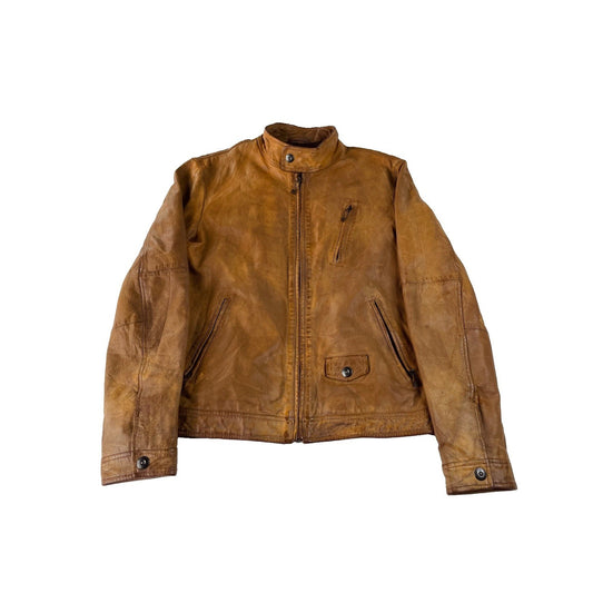 Mens Vintage Basement Tan Brown Lined Quilted Cafe Racer Leather Jacket SIZE S