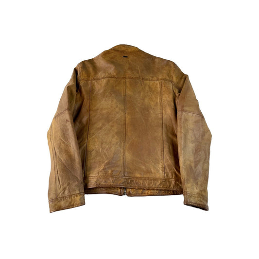 Mens Vintage Basement Tan Brown Lined Quilted Cafe Racer Leather Jacket SIZE S