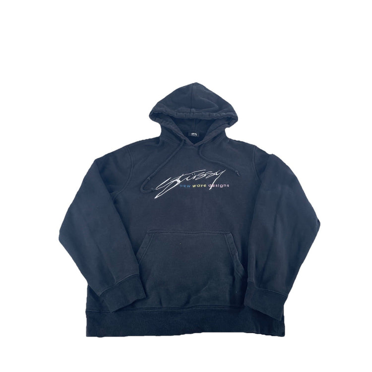 Mens Stüssy "New Wave Designs" Hoodie Black Graphic Logo Size S