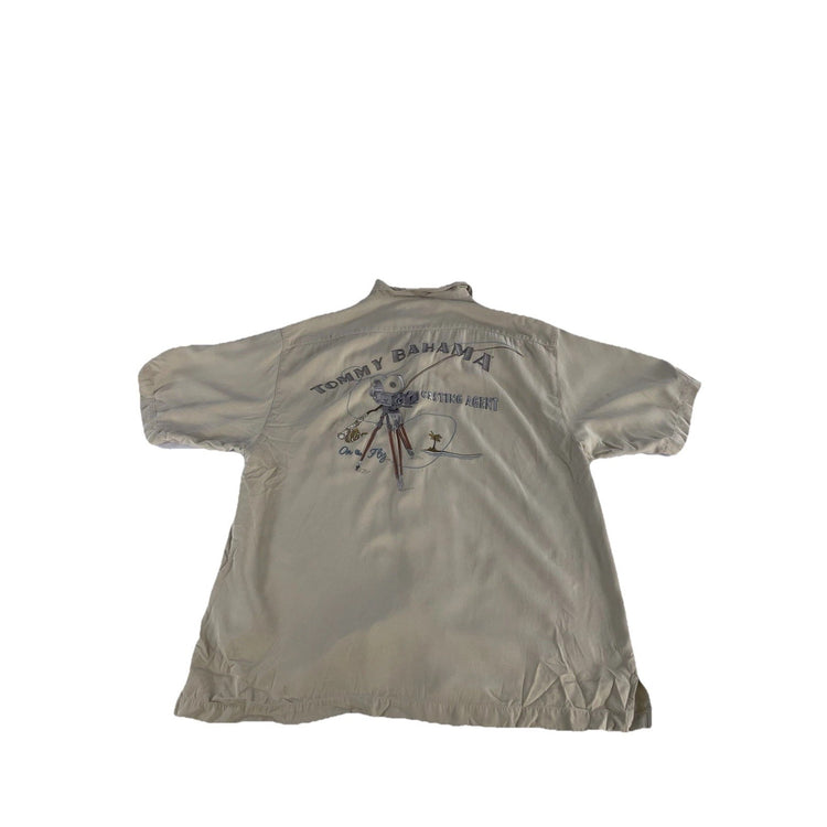 Mens Tommy Bahama Beige Silk ‘Casting Agent’ Collared Button Up Shirt Size Large
