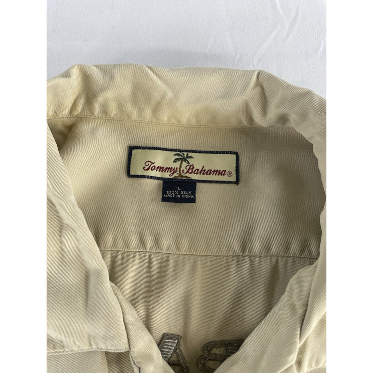 Mens Tommy Bahama Beige Silk ‘Casting Agent’ Collared Button Up Shirt Size Large