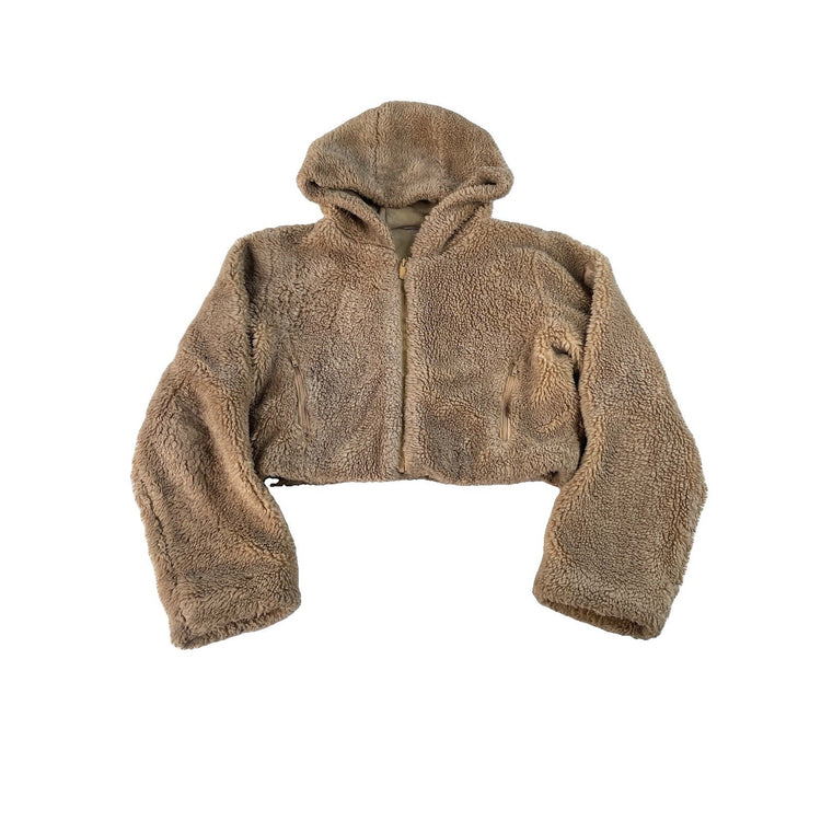 Women's Alo Faux Fur Sherpa Full Zip Hooded Crop Jacket Tan Size M