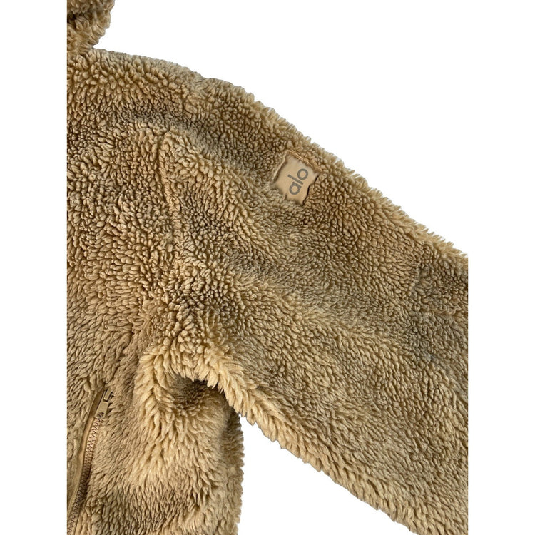 Women's Alo Faux Fur Sherpa Full Zip Hooded Crop Jacket Tan Size M