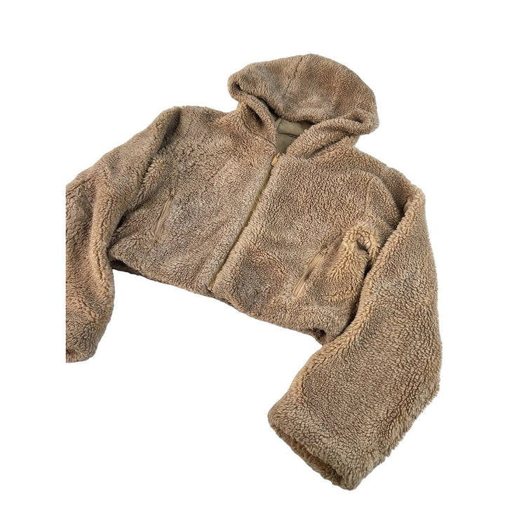 Women's Alo Faux Fur Sherpa Full Zip Hooded Crop Jacket Tan Size M