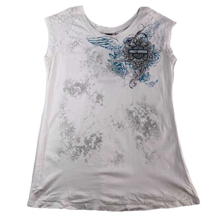 Womens Harley Davidson Motorcycles White&Blue Slim Fit Shirt Size 2Xl