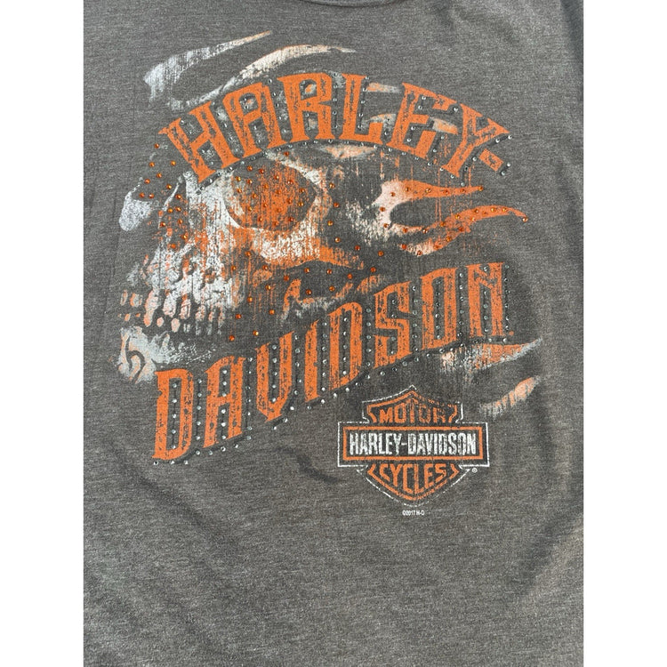Womens Harley Davidson Gray Rhinestone Skull Long Sleeve T Shirt Size Medium