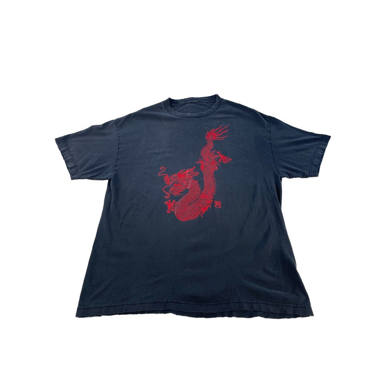 Mens Vintage Faded Black Y2K Red Chinese Dragon Asian Art Graphic Tee SIZE 2XL