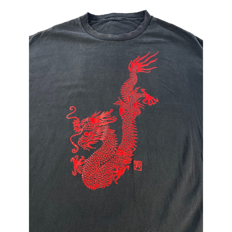 Mens Vintage Faded Black Y2K Red Chinese Dragon Asian Art Graphic Tee SIZE 2XL