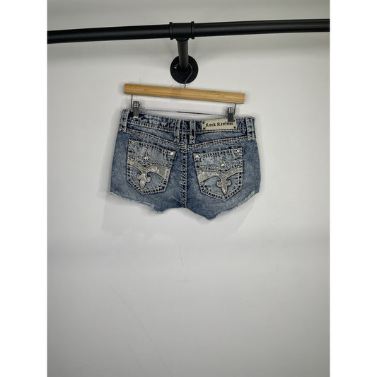 Women’s Rock Revival Denim Shorts  Blue Distressed Frayed Hem Edgy Style Sz 32x2
