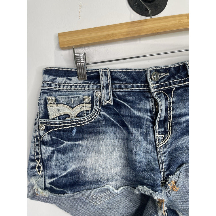 Women’s Rock Revival Denim Shorts  Blue Distressed Frayed Hem Edgy Style Sz 32x2