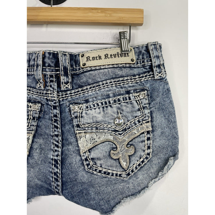 Women’s Rock Revival Denim Shorts  Blue Distressed Frayed Hem Edgy Style Sz 32x2
