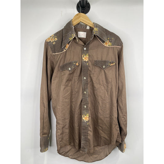 Men’s VTg Brown Floral Design Button Up Western Shirt Sz M