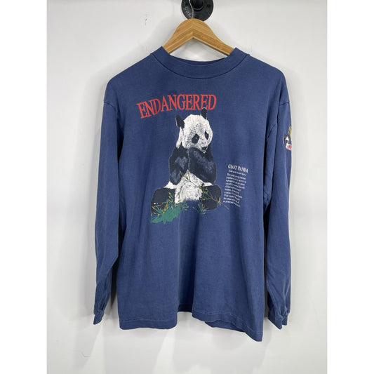 Men’s Blue Vintage Endangered Giant Panda Grapichic Long Sleeve Shirt Sz Medium