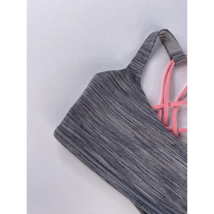Womens Lululemon Heathered Gray Neon Pink Strappy Sports Bra Size 4