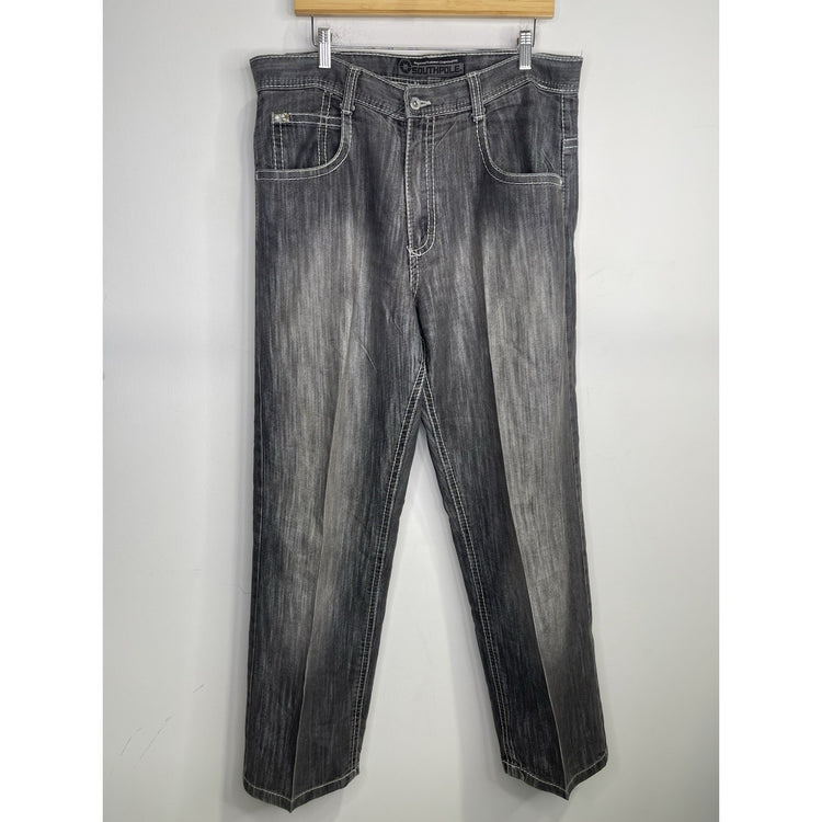 VTG Y2K Men’s Distressed Dark Wash Gray Southpole Baggy Denim Jeans 38x32