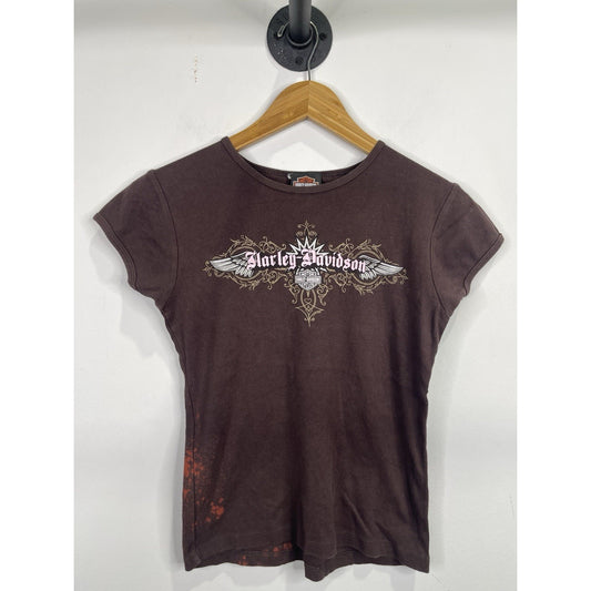Vintage Y2k 90s Harley Davidson Women’s  Brown Pink Biker T-shirt Size Medium