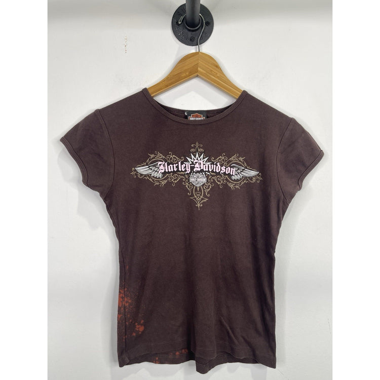 Vintage Y2k 90s Harley Davidson Women’s  Brown Pink Biker T-shirt Size Medium