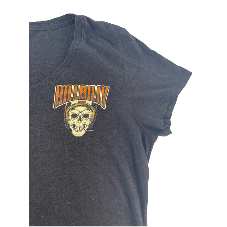 Womens Harley Davidson “Hillbilly” Print Black Slim Fit V-Neck Tee Size Xl