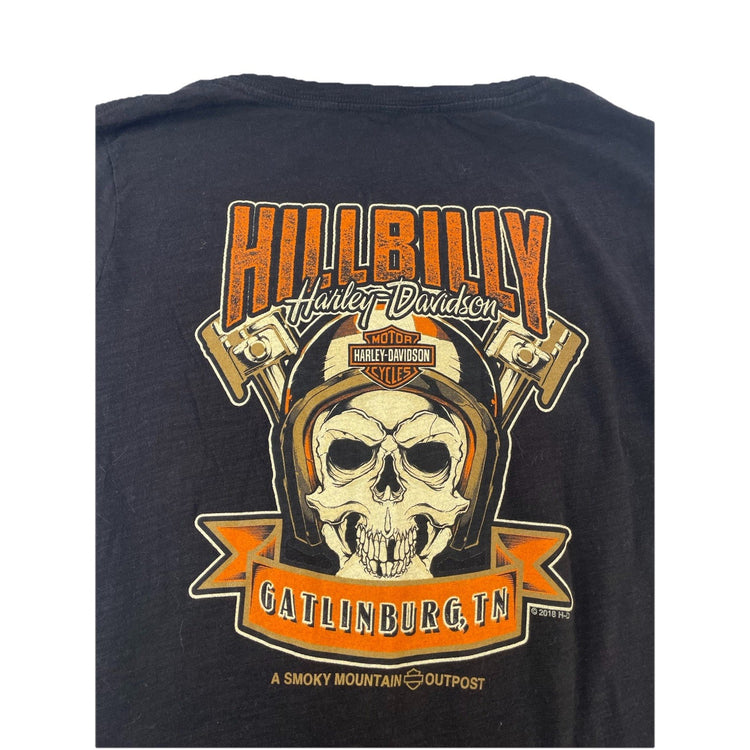 Womens Harley Davidson “Hillbilly” Print Black Slim Fit V-Neck Tee Size Xl