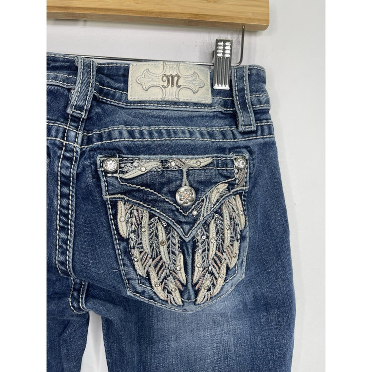 Women’s Y2K Blue Miss Me Jeans Signature Bootcut Rhinestone Pockets 25x29